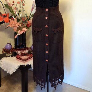Preowned Women's Burgundy Maxi Skirt High Waist Stretch Long Knitted Skirts